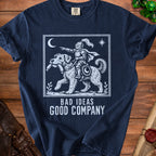 Navy t-shirt with knight on dog graphic and text "BAD IDEAS GOOD COMPANY".