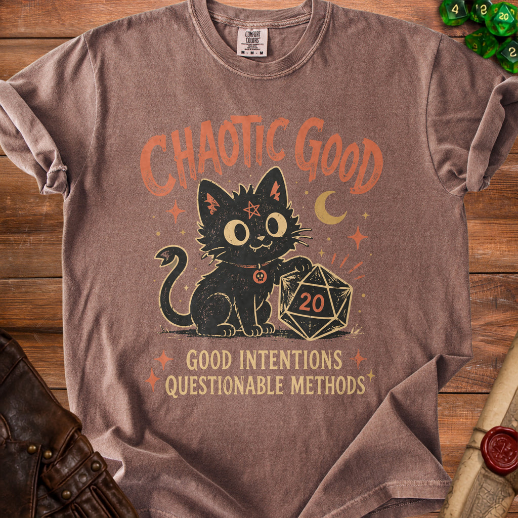 Brown t-shirt with black cat, D20 die, and text "Chaotic Good" and "Good Intentions Questionable Methods".