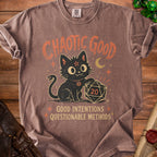 Brown t-shirt with black cat, D20 die, and text "Chaotic Good" and "Good Intentions Questionable Methods".