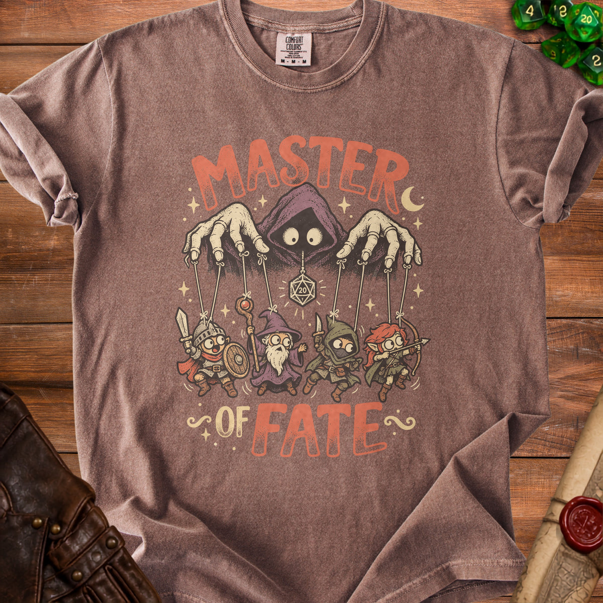 Brown t-shirt with "MASTER OF FATE" text and puppet characters with D20 die.