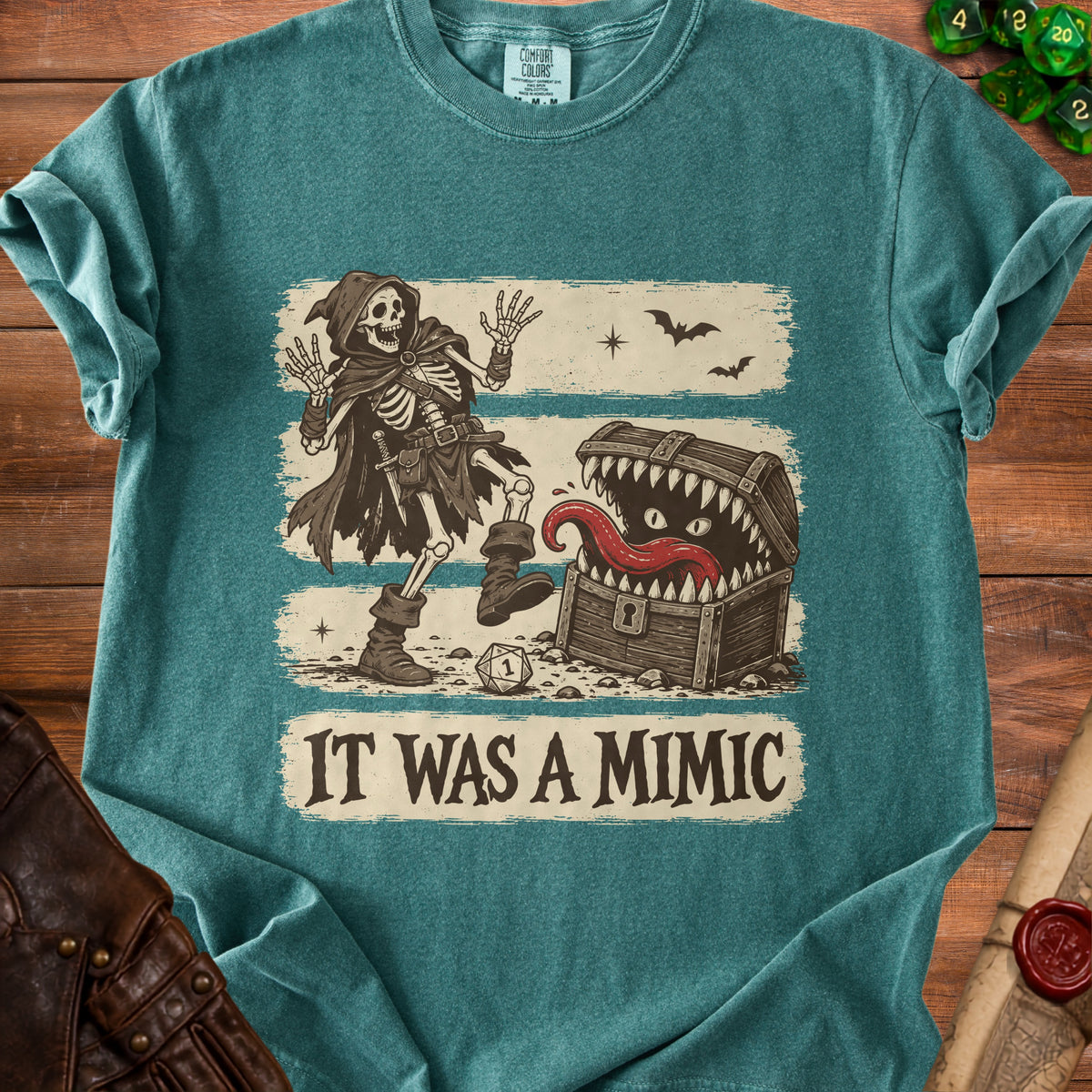 Skeleton character reacts to an open chest with a mimic, text reads "IT WAS A MIMIC."