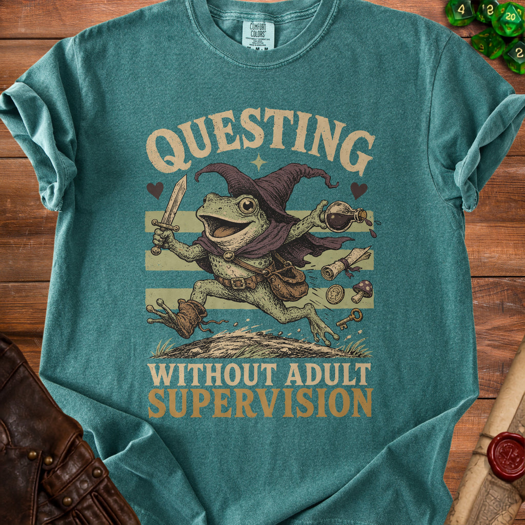 Frog wizard running with sword and potion, text "Questing Without Adult Supervision".