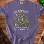Skeleton gardening under a moon with text "Gardening Because Murder is Wrong."