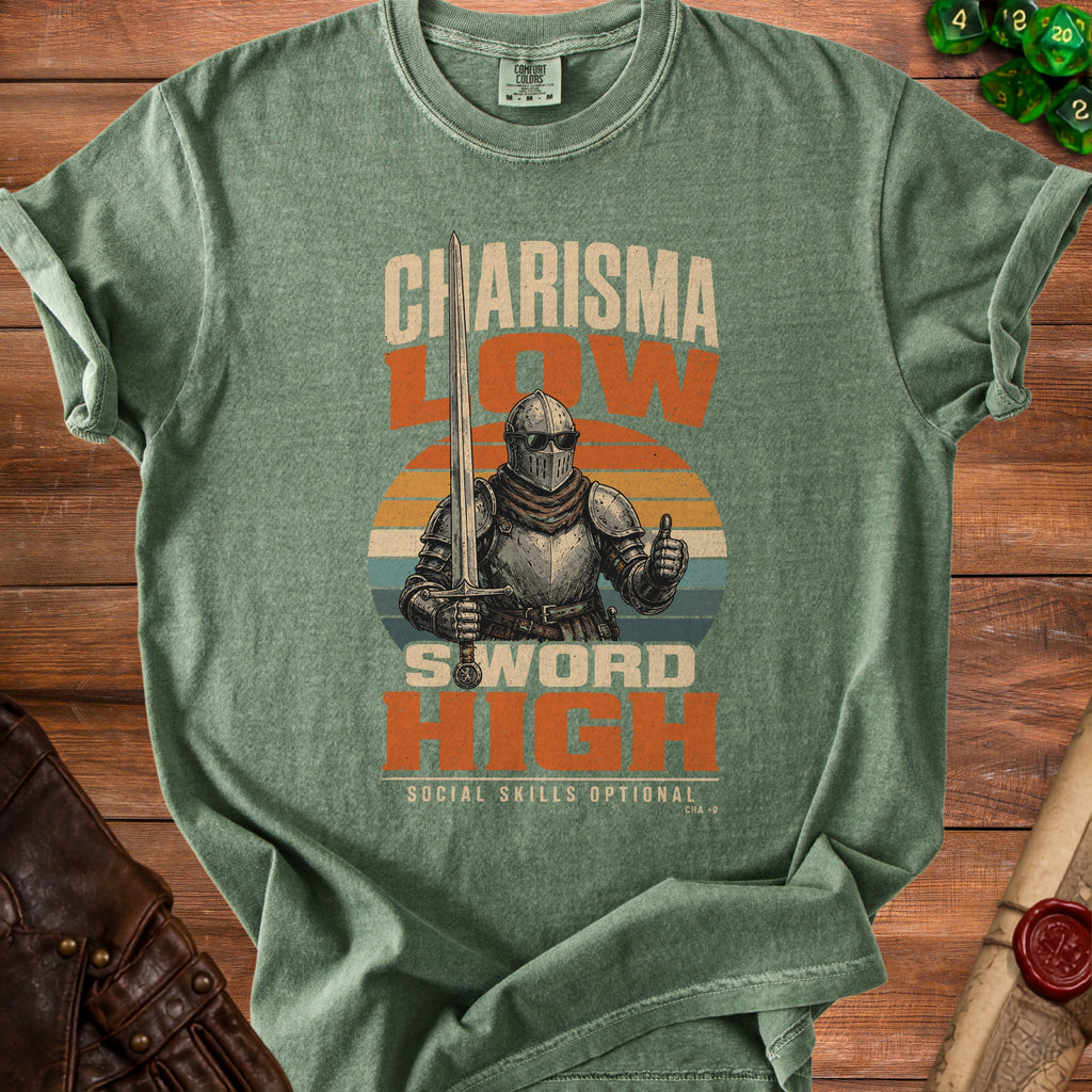 Green t-shirt with knight illustration and text "Charisma Low Sword High".