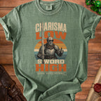 Green t-shirt with knight illustration and text "Charisma Low Sword High".