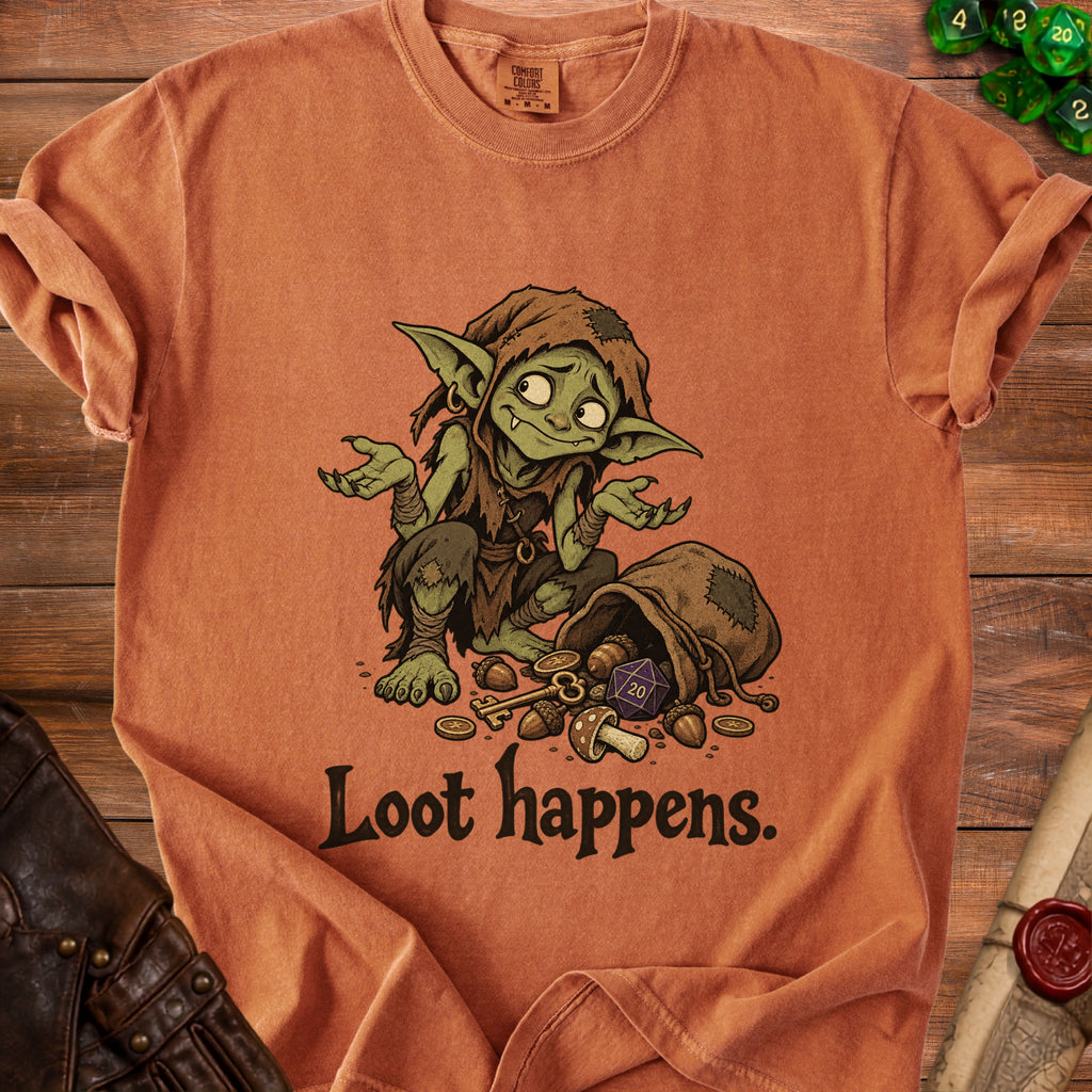 Orange t-shirt with a goblin graphic and "Loot happens." text.