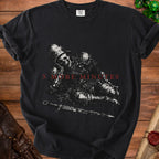 Black t-shirt with skeletal knight graphic and "5 MORE MINUTES" text.