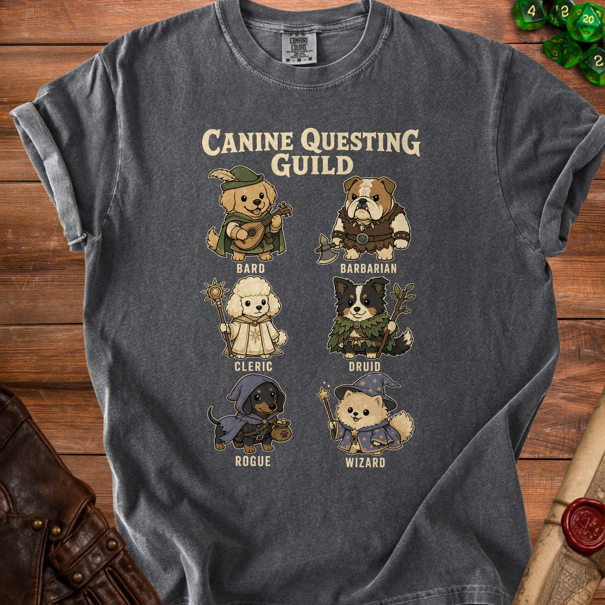 Charcoal t-shirt with "Canine Questing Guild" and six dogs as RPG characters.