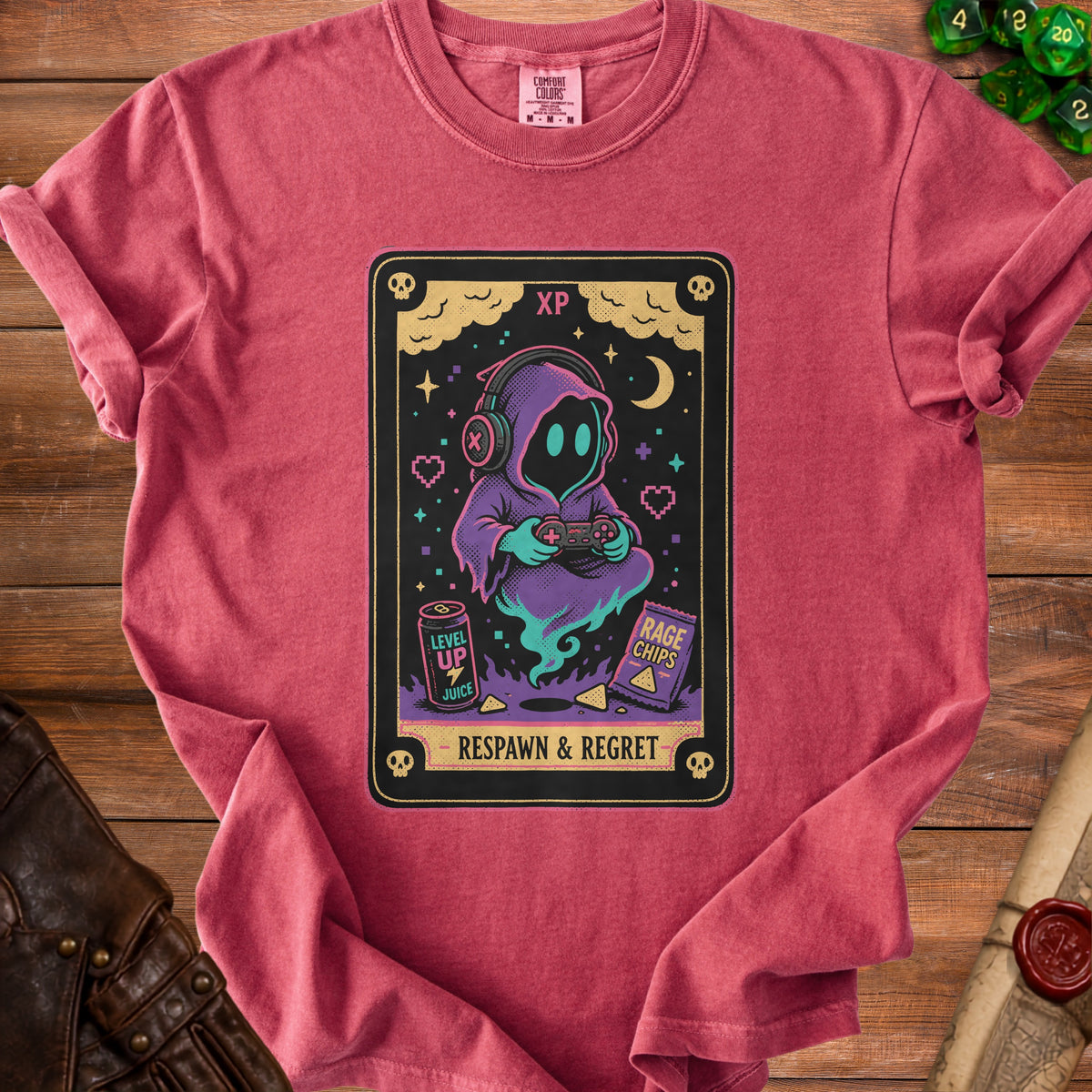 T-shirt with a gaming graphic of a hooded figure holding a controller, "XP", "Respawn & Regret".