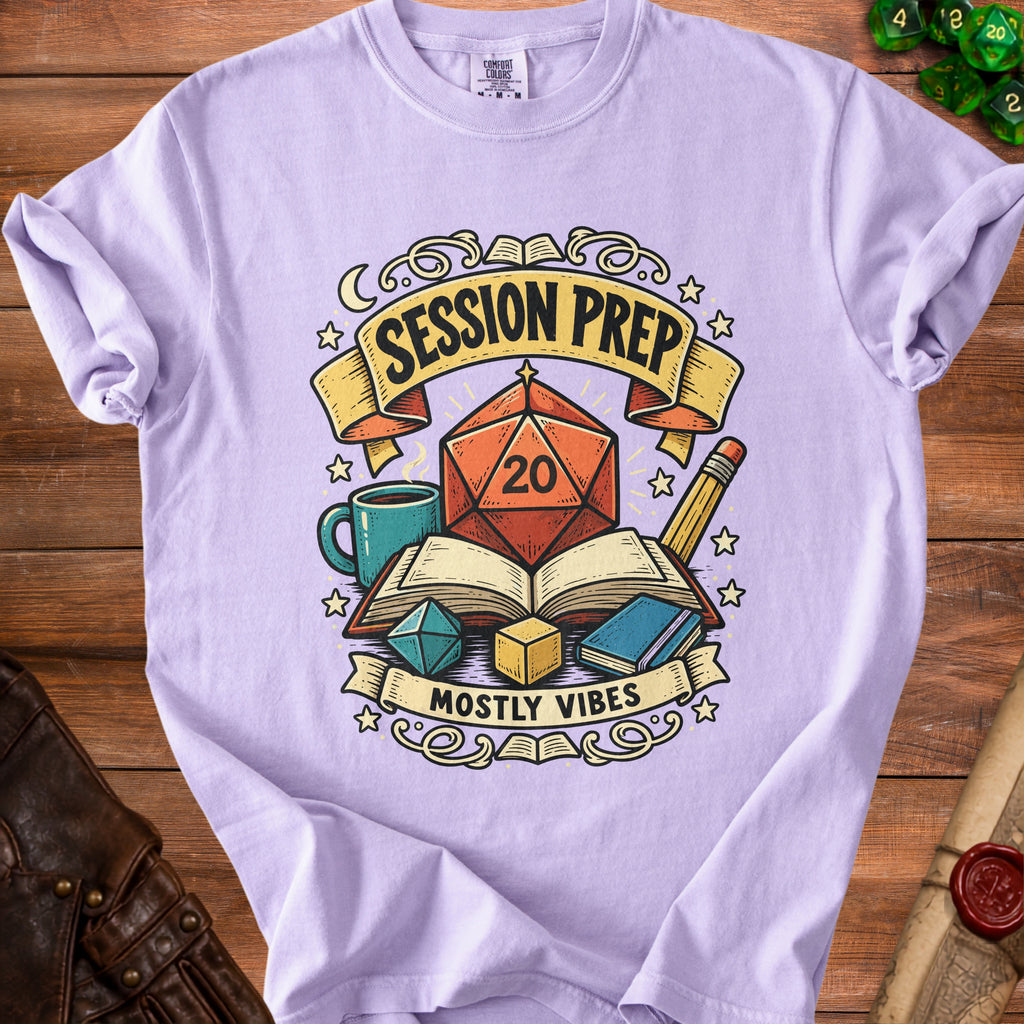 Purple t-shirt with dice, books, and text "Session Prep Mostly Vibes".