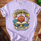 Purple t-shirt with dice, books, and text "Session Prep Mostly Vibes".