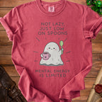 Red t-shirt with ghost graphic and text "Not Lazy, Just Low On Spoons. Mental Energy Is Limited."
