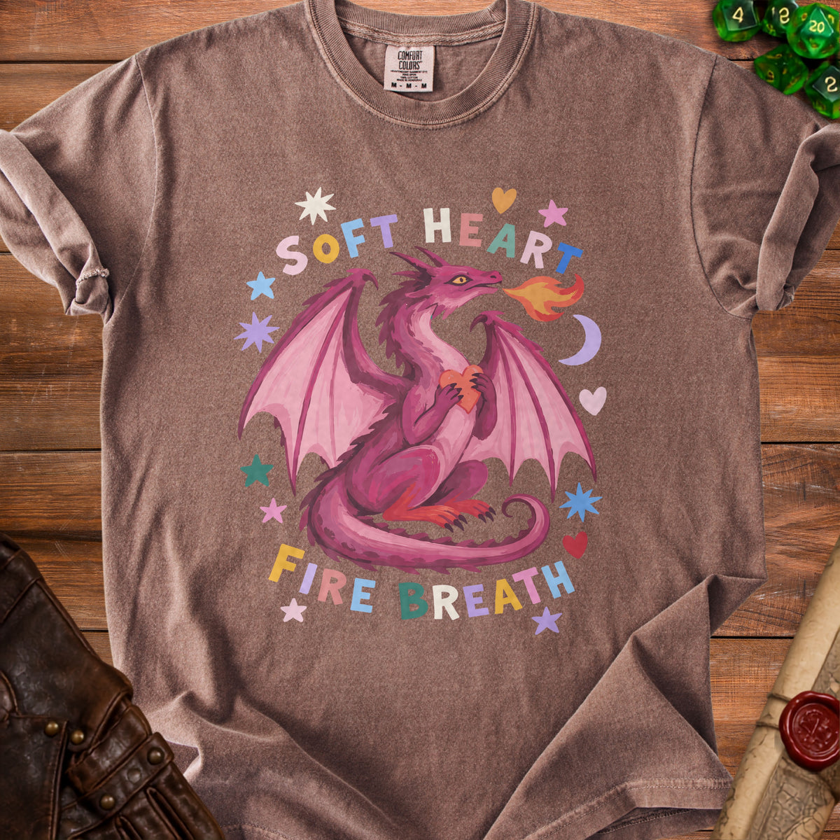 Brown t-shirt with a pink dragon, heart, and "Soft Heart Fire Breath" text.