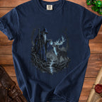 Dark blue t-shirt with a graphic of a wizard and a glowing antlered deer in a forest.
