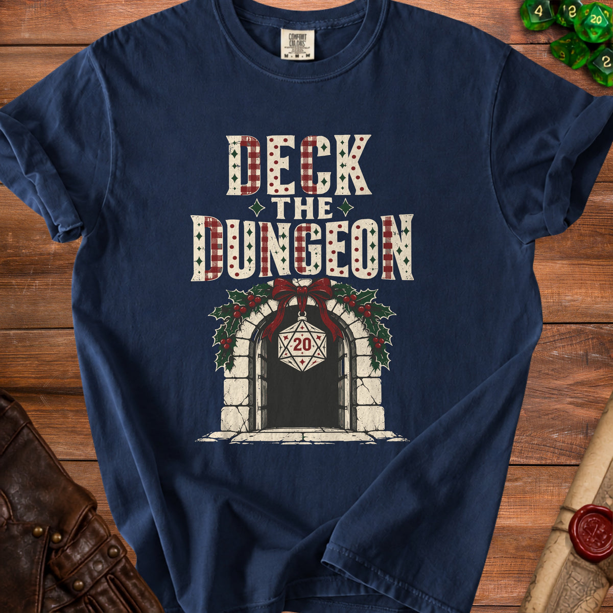 Navy t-shirt with "Deck the Dungeon" text and a D20 ornament.