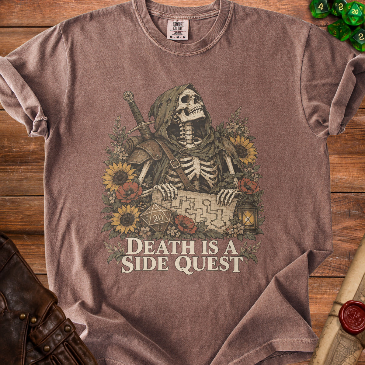 Grim reaper with sword and map reads "Death is a side quest".