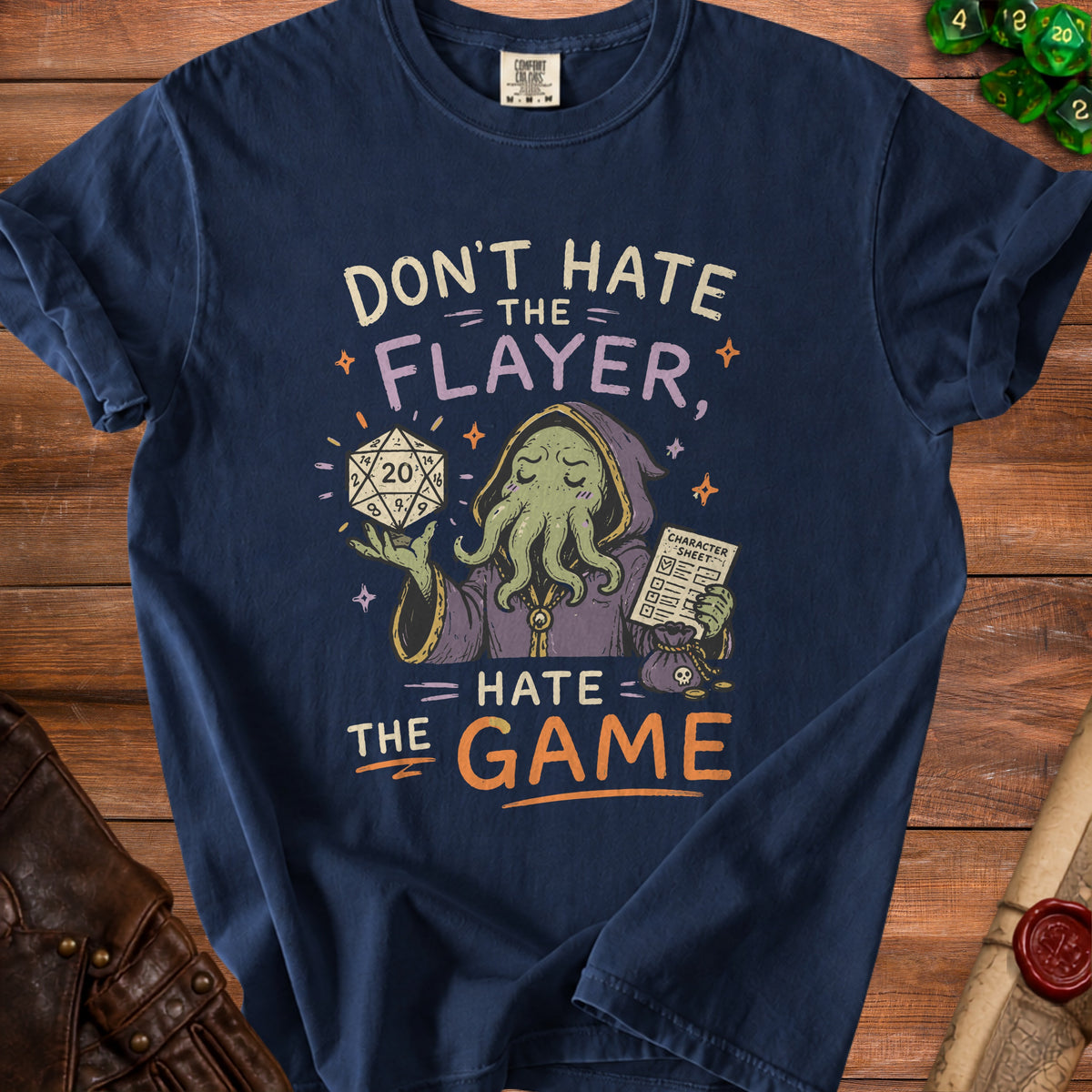 Navy t-shirt with "Don't hate the flayer, hate the game" and Cthulhu graphic.