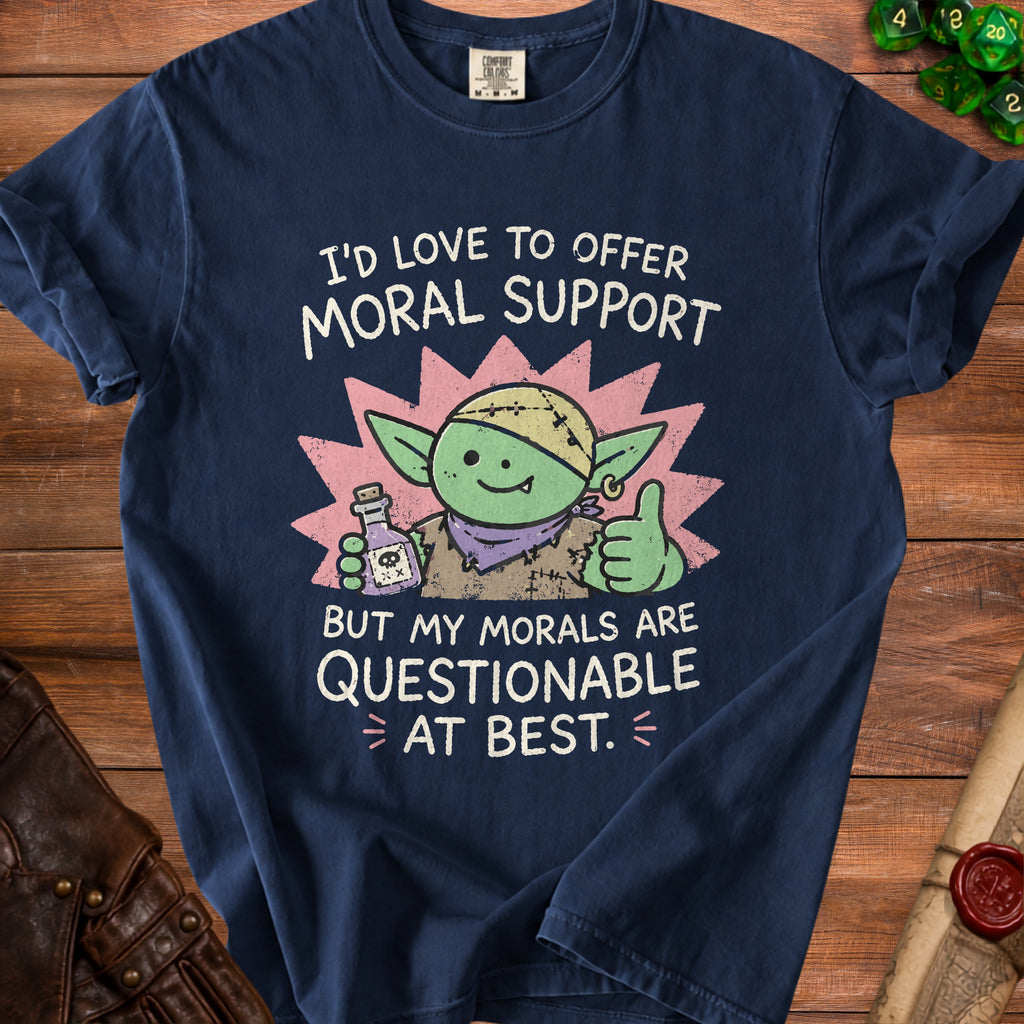 Navy t-shirt with graphic of a green creature holding a potion and saying "I'd love to offer moral support but my morals are questionable at best."
