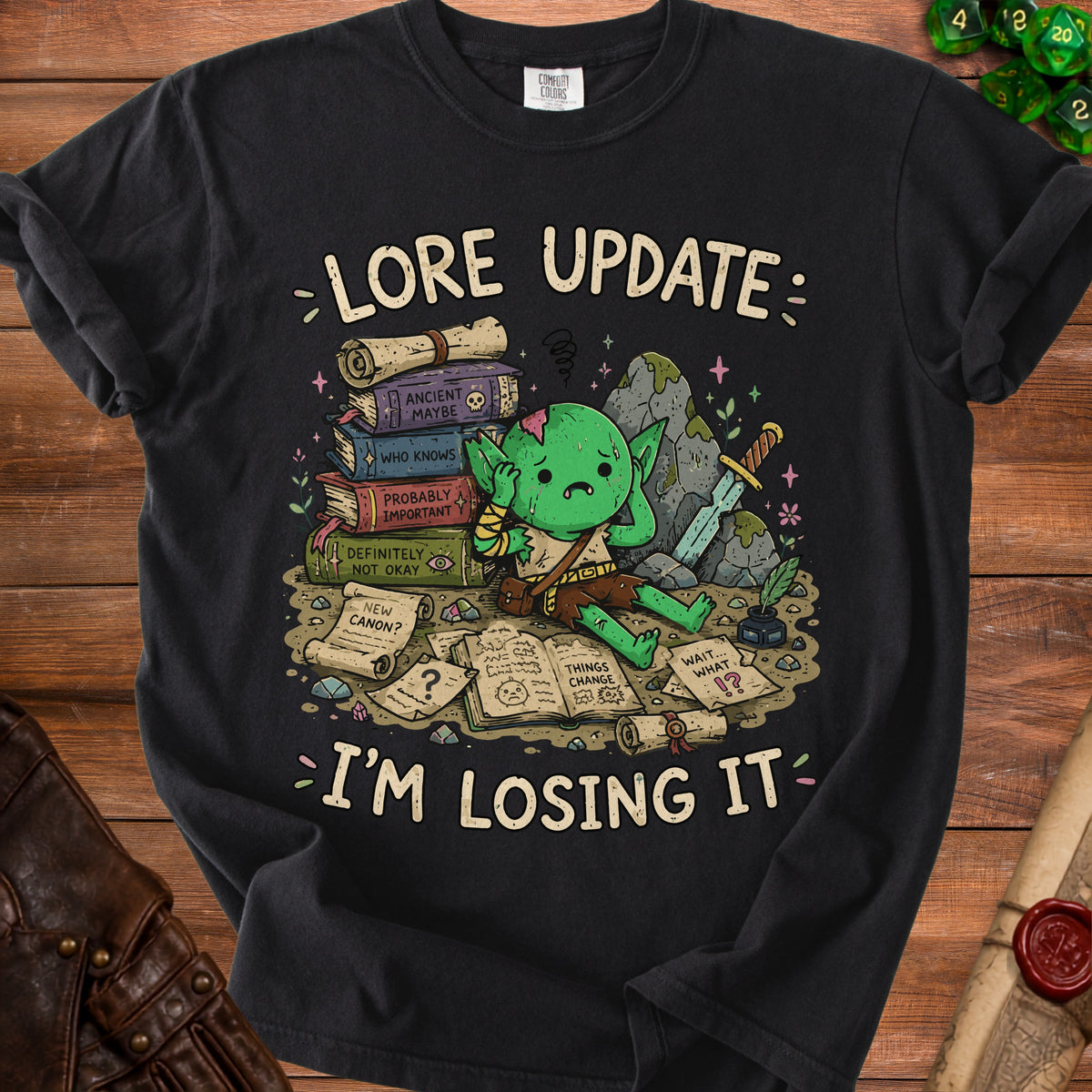 A stressed goblin surrounded by books, scrolls, and dice, reading "Lore Update: I'm Losing It".