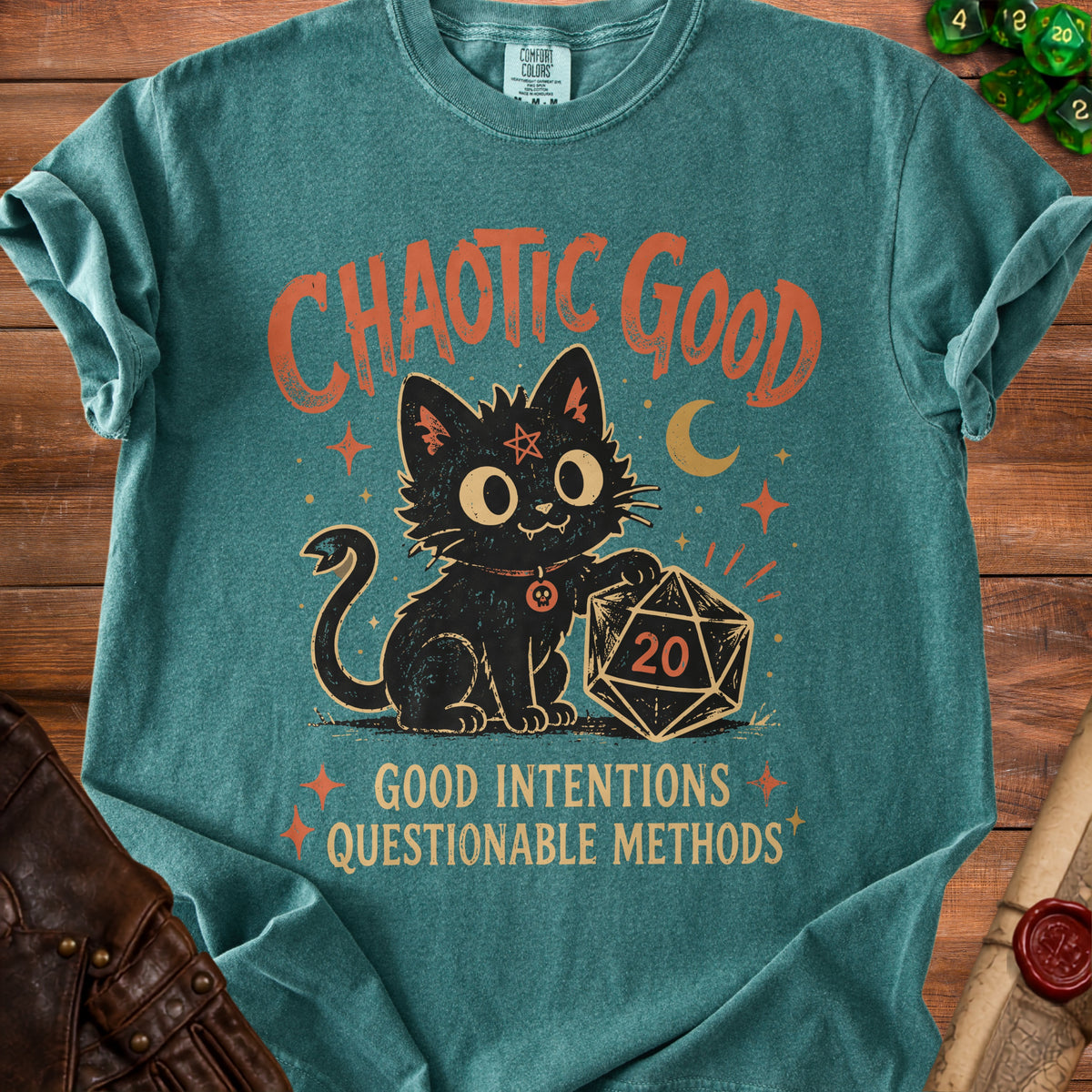 Black cat with pentagram and twenty-sided die, reads "Chaotic Good Good Intentions Questionable Methods".