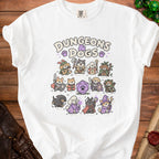 White t-shirt with "Dungeons & Dogs" graphic featuring dogs as fantasy characters.