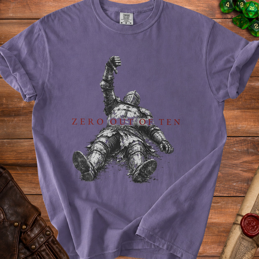 Knight in armor lying down with "Zero Out of Ten" text.