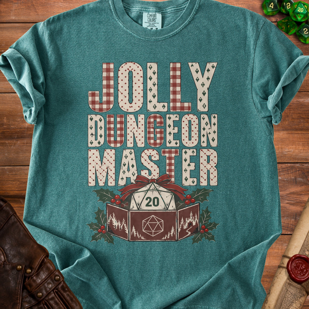 T-shirt with "Jolly Dungeon Master" text and a D20 die gift box design.