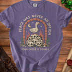 A goose stands on skulls under an arch with text "Peace Was Never an Option."