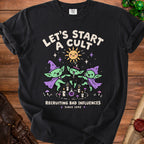 Black t-shirt with "Let's Start a Cult" and goblins in a circle.
