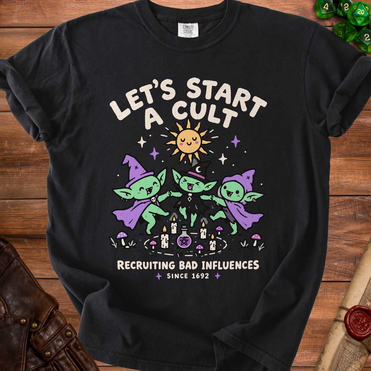 Black t-shirt with "Let's Start a Cult" and goblins in a circle.