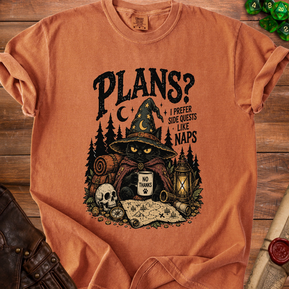 T-shirt with black cat in wizard hat holding mug that says "No Thanks."
