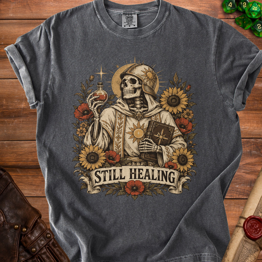 Skeleton figure holding potion and book surrounded by flowers, text "Still Healing".