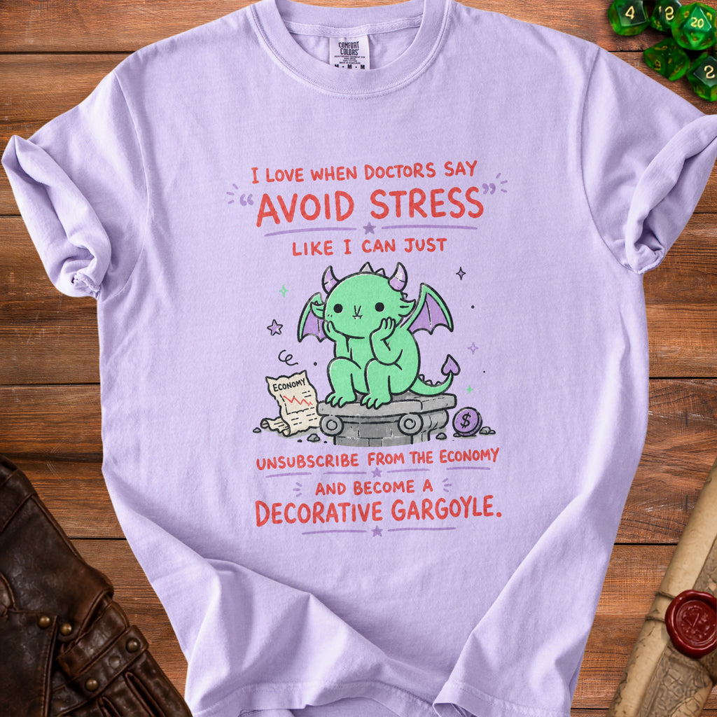 T-shirt with a green dragon graphic and text about avoiding stress.