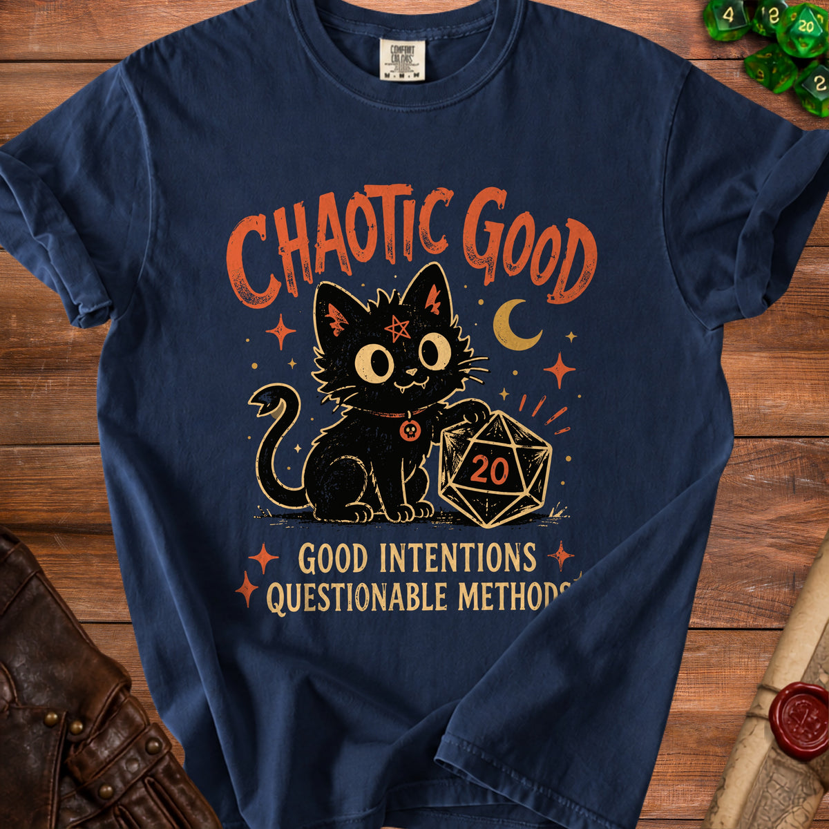 Navy t-shirt with a black cat, d20 dice, and text "Chaotic Good".