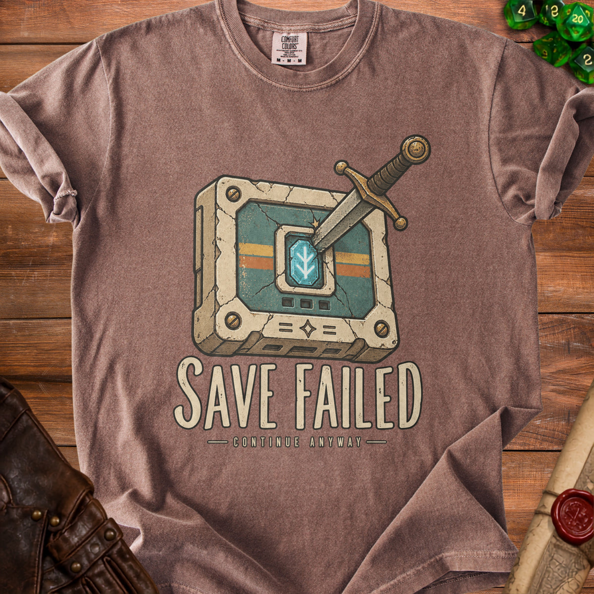 T-shirt with "SAVE FAILED CONTINUE ANYWAY" text and a sword in a broken game cartridge.