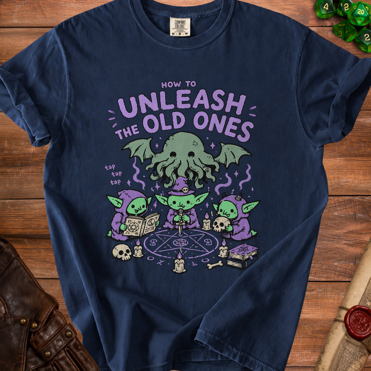 Navy t-shirt with "How to Unleash the Old Ones" text and a Cthulhu-like creature.