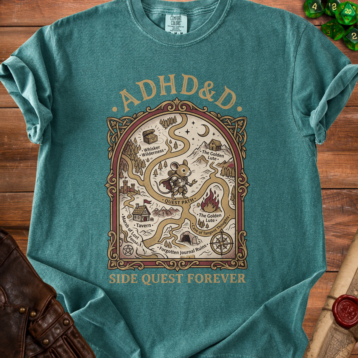 Teal t-shirt with "ADHD&D" and a fantasy map graphic.