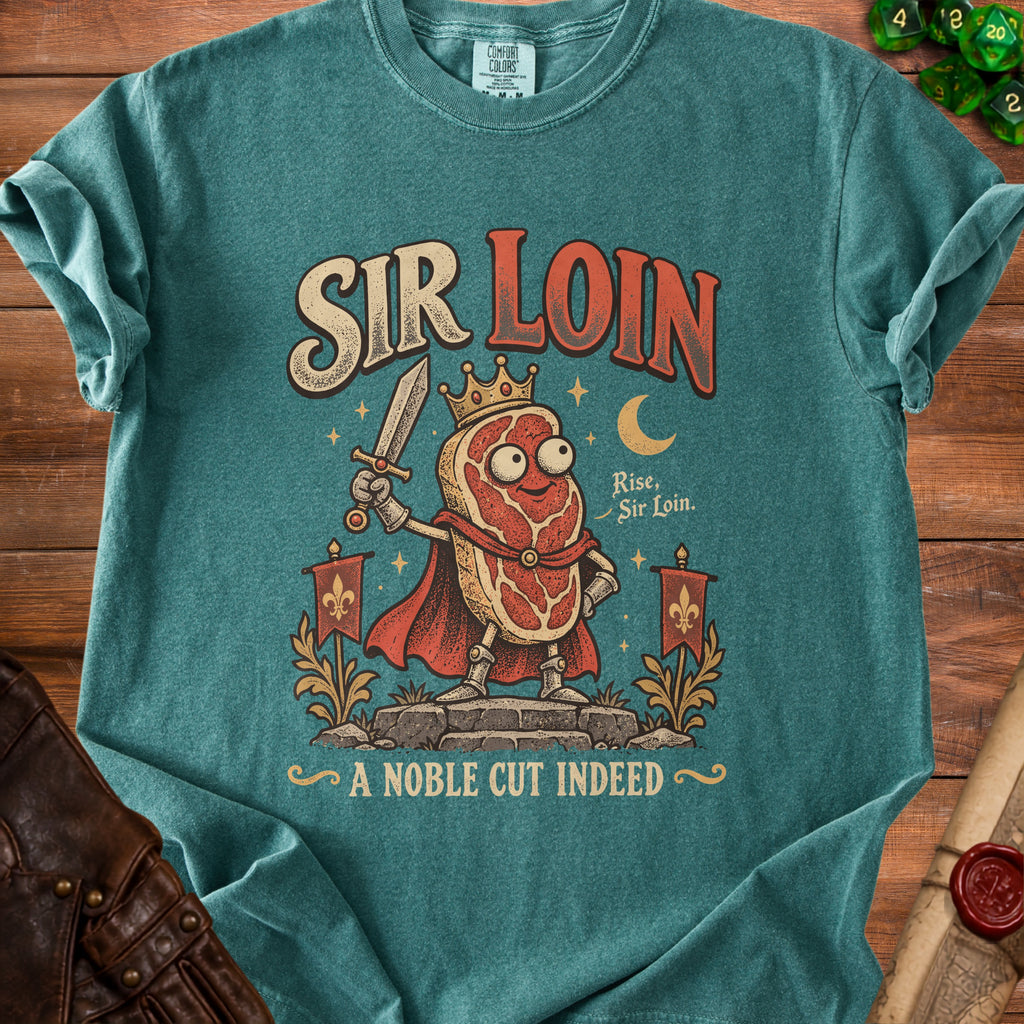 Sir Loin graphic t-shirt with a crowned steak character holding a sword and text "A NOBLE CUT INDEED".