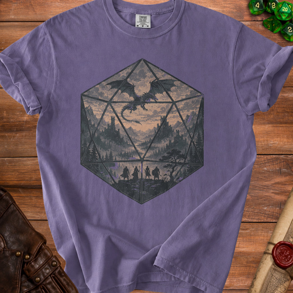 Purple t-shirt with a D20 die graphic featuring a dragon and adventurers.