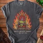 Green goblin wizard on throne surrounded by flames, text reads "due to personal reasons i am evil now".