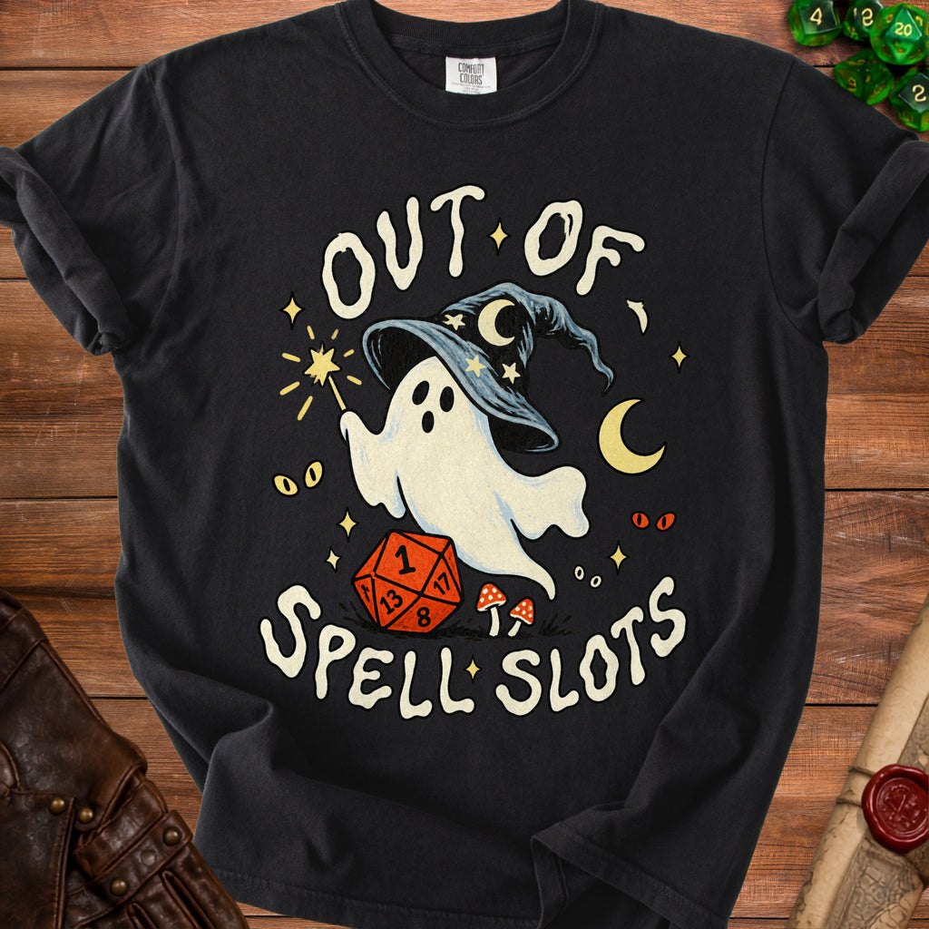 Black t-shirt with ghost in wizard hat and dice, saying "OUT OF SPELL SLOTS".