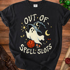 Black t-shirt with ghost in wizard hat and dice, saying "OUT OF SPELL SLOTS".