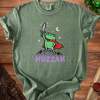 Green t-shirt with a cartoon frog wearing a cape and holding a sword with text "HUZZAH".