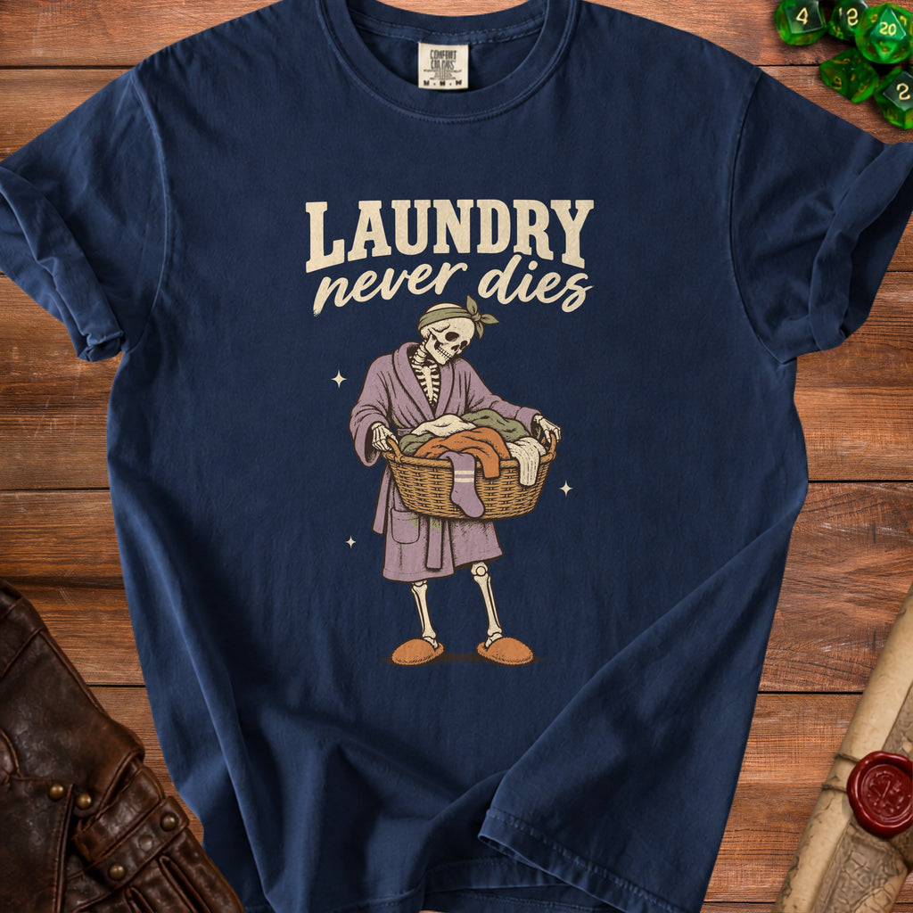 Skeleton in robe carrying laundry basket with text "Laundry never dies".
