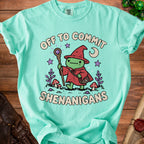 T-shirt with a frog wizard holding a staff and the text "Off to Commit Shenanigans."