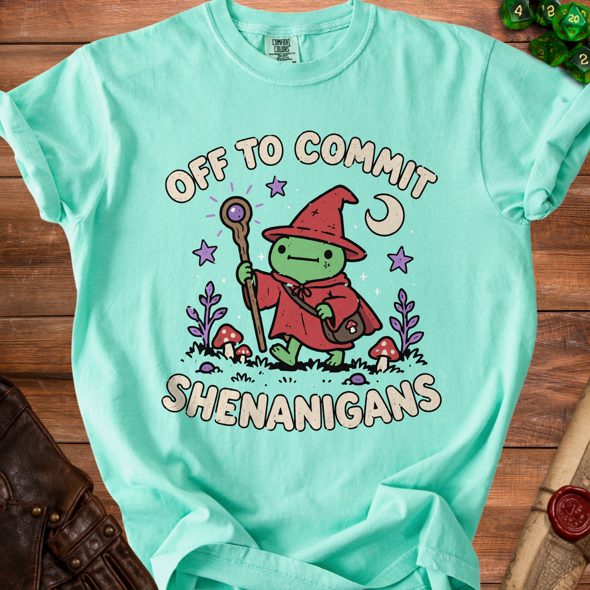 T-shirt with a frog wizard holding a staff and the text "Off to Commit Shenanigans."