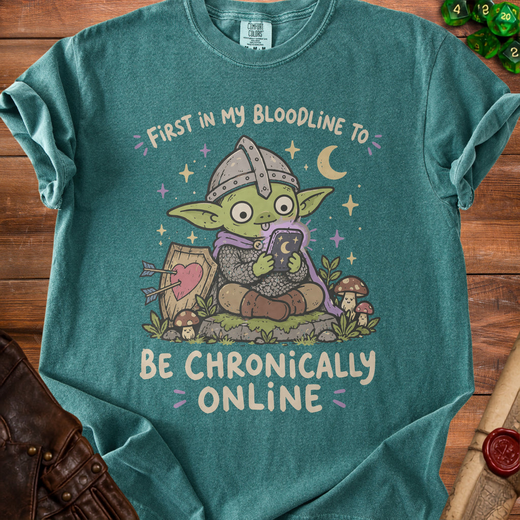 Goblin in armor holding phone reads "First in my bloodline to be chronically online".