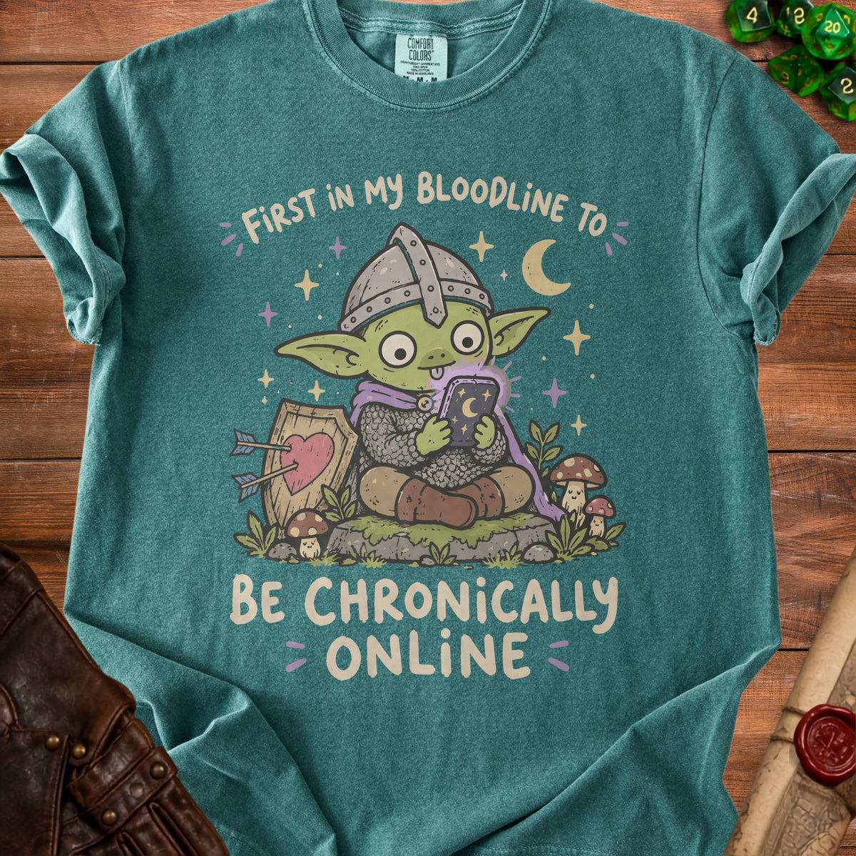 Goblin in armor holding phone reads "First in my bloodline to be chronically online".