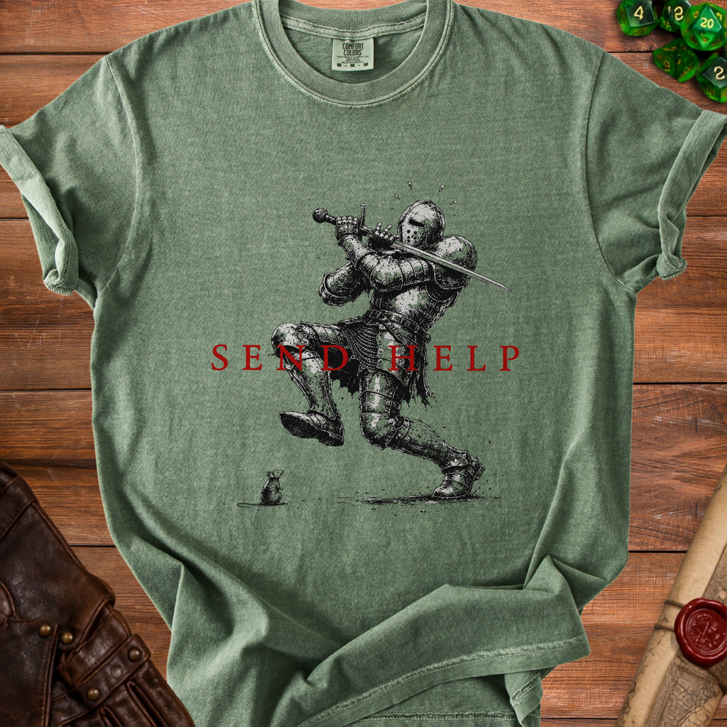 Green t-shirt with a knight and mouse graphic and "SEND HELP" text.