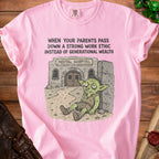 Pink t-shirt with text and illustration of a tired goblin outside a mental hospital.